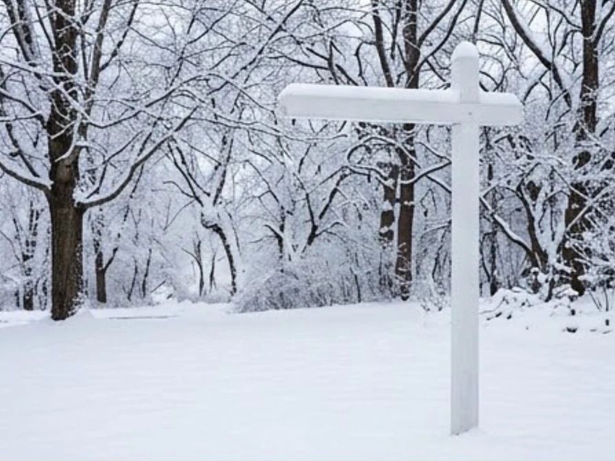 Sold-style yard with an empty sign post, winter