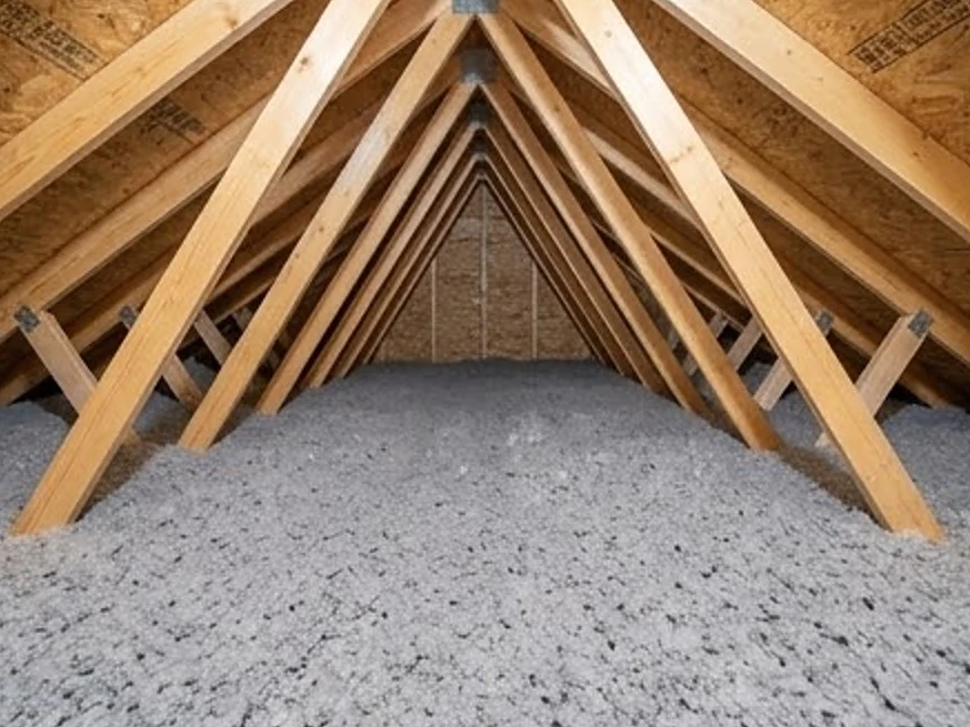 Attic with blown-in insulation and rafters, newer Minnesota home: full home inspection in Minnesota and Iowa
