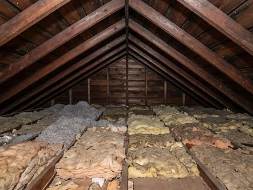 Attic with blown-in insulation and rafters, 1950s Minnesota home: home inspection in Mankato, MN