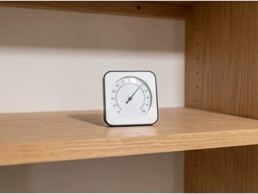 Small humidity gauge on a shelf (no readable text), newer home: mold inspection in Blaine, MN