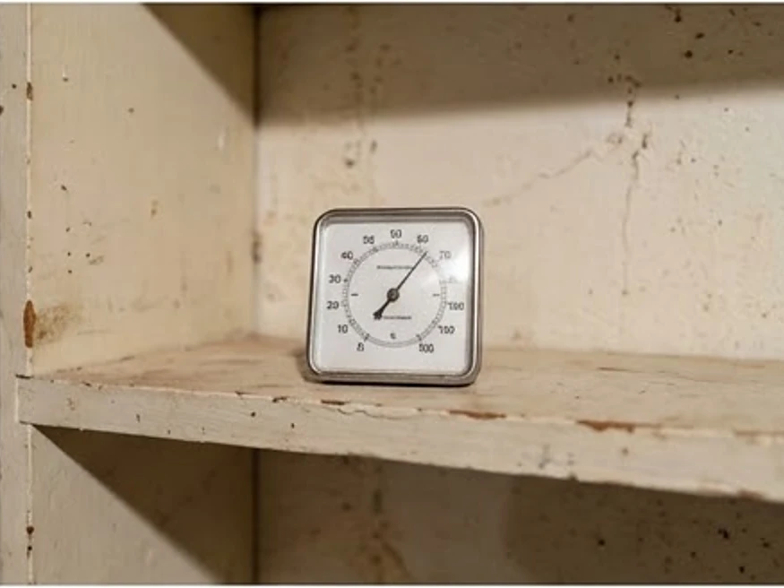 Small humidity gauge on a shelf (no readable text), older home: mold inspection in Mankato, MN