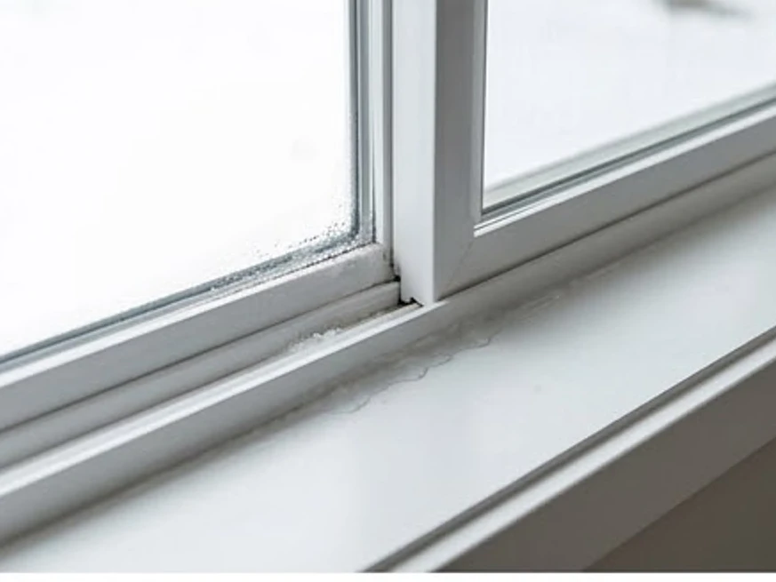 Frost and condensation on a window sill, newer home: mold inspection in Fridley, MN