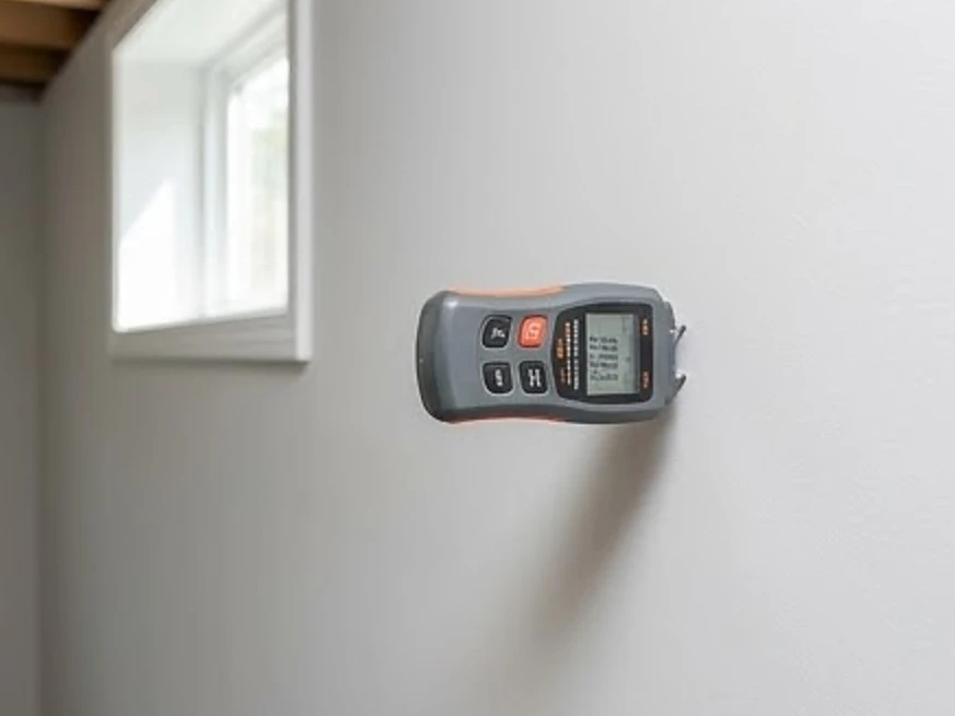 Moisture meter against a basement wall, newer basement: mold inspection in North Saint Paul, MN