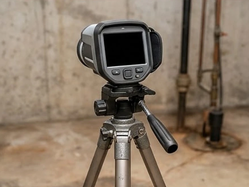 Thermal camera on a tripod (blank screen), older basement: mold inspection in Minnesota and Iowa