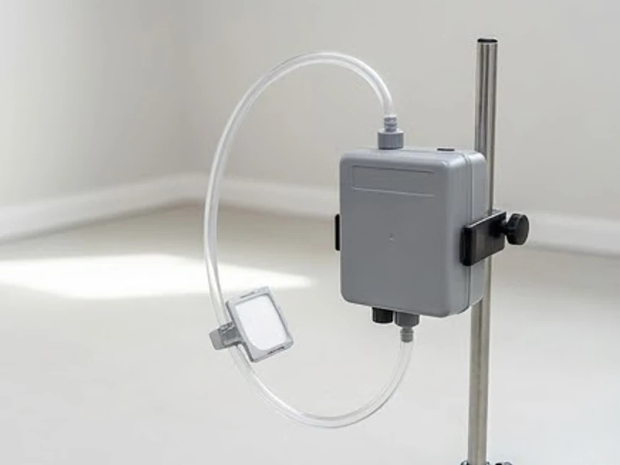 Small air sampling pump on a stand (no brand), newer basement: mold inspection in Minnesota and Iowa
