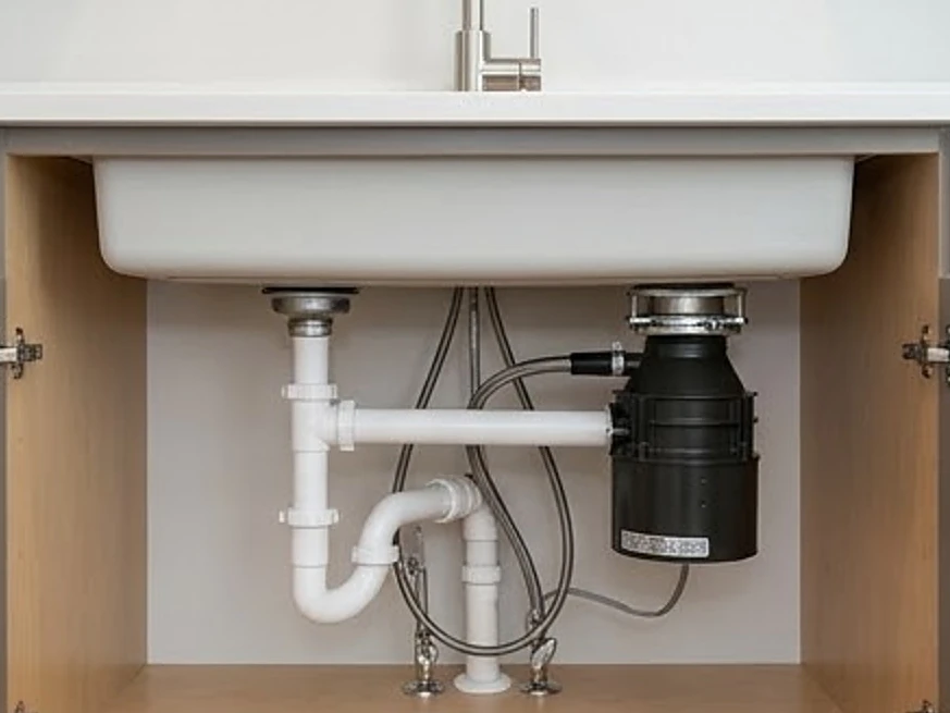 Plumbing under a kitchen sink, modern Minnesota home: residential inspection in Andover, MN