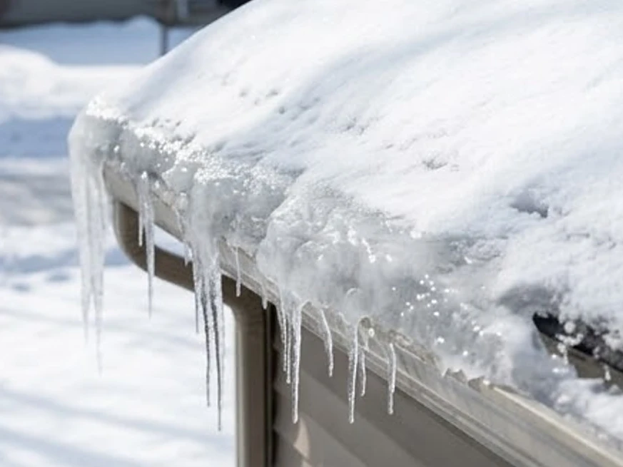 Ice dam on a roof edge, winter: mold inspection in Minnesota and Iowa