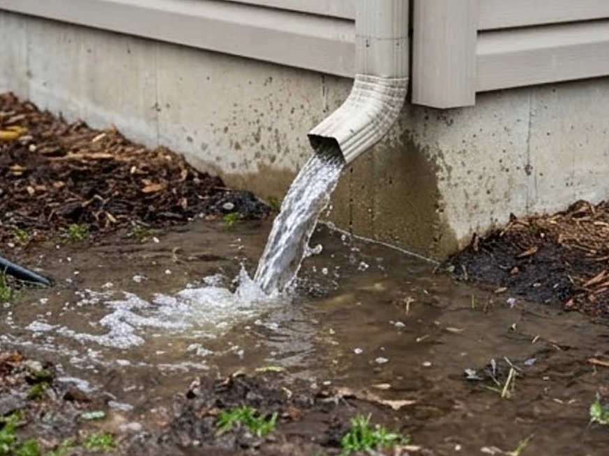Downspout dumping water next to the foundation, spring: mold inspection in Cottage Grove, MN