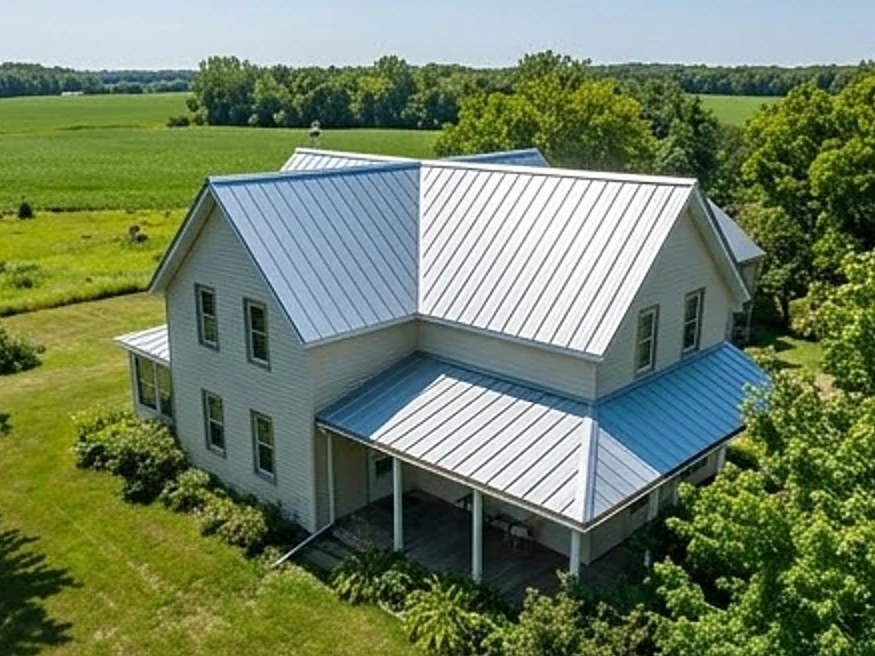 Steel roof on a farmhouse, summer: roof inspection in Minnesota and Iowa