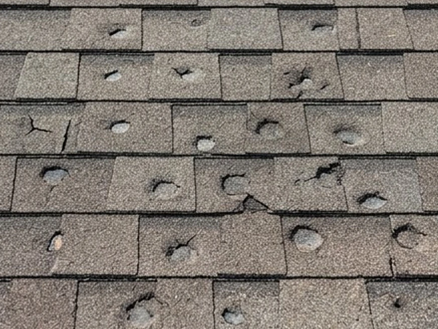 Hail-dented shingles, close-up: roof inspection in Minnesota and Iowa