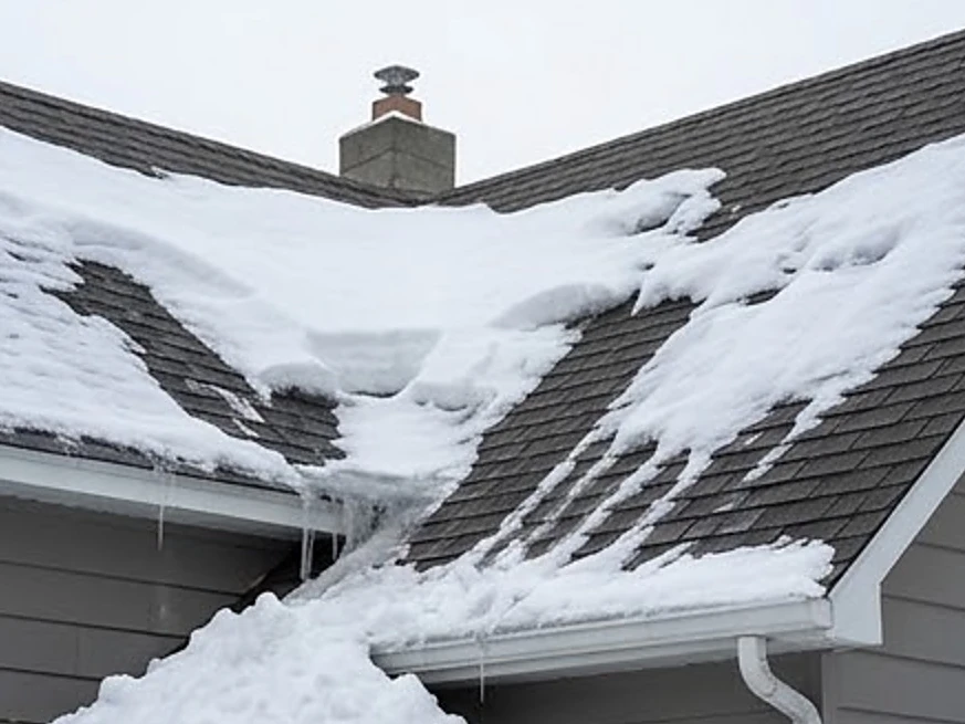 Heavy snow on a roof, spring: roof inspection in Burnsville, MN