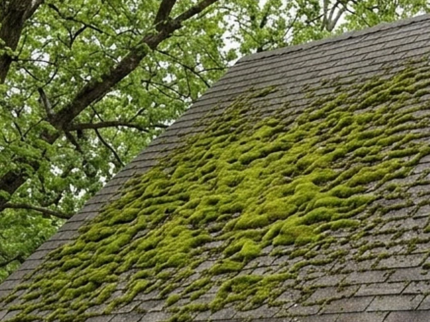 Moss on a shady roof slope, spring: roof inspection in Burnsville, MN