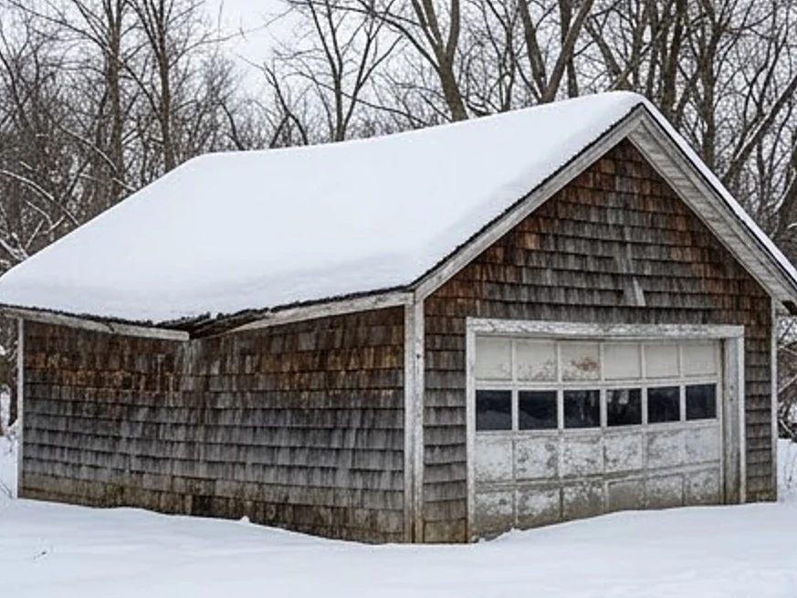 Sagging roofline on an old garage, winter: roof inspection in Burnsville, MN