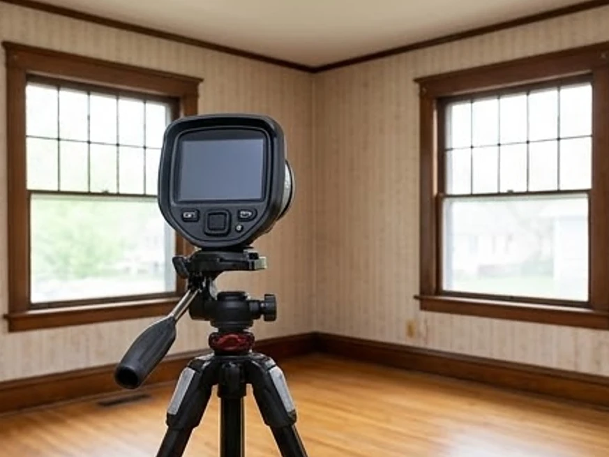 Thermal camera on a tripod in a living room (blank screen), older home: thermal imaging in Davenport, IA