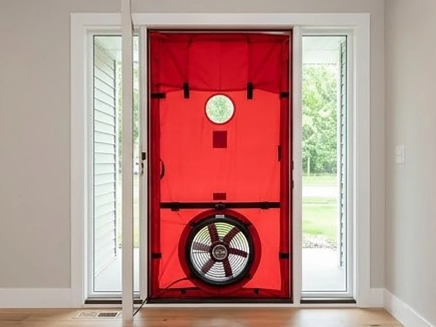 Door-fan air-leak test frame set in a doorway (no brand), newer home: thermal imaging in Woodbury, MN