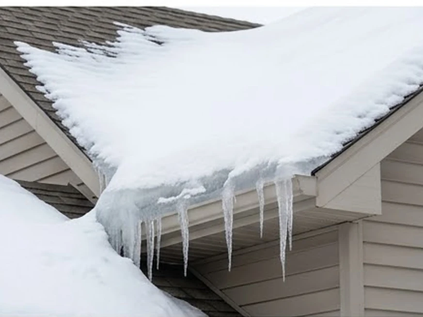 Infrared image of a roof edge where ice dams form, normal photo: thermal imaging in Woodbury, MN