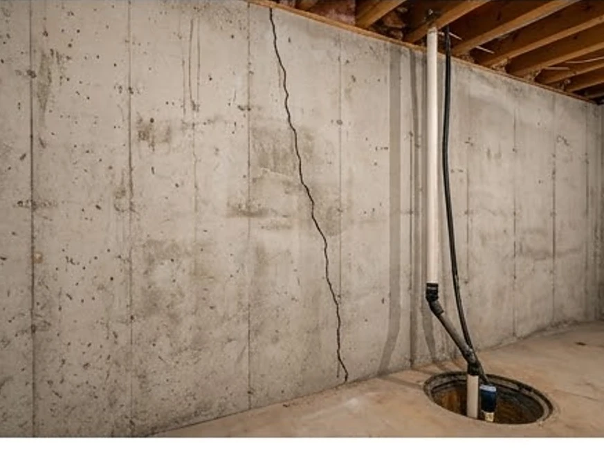 Poured concrete wall with a vertical crack, unfinished basement: foundation inspection in Delano, MN