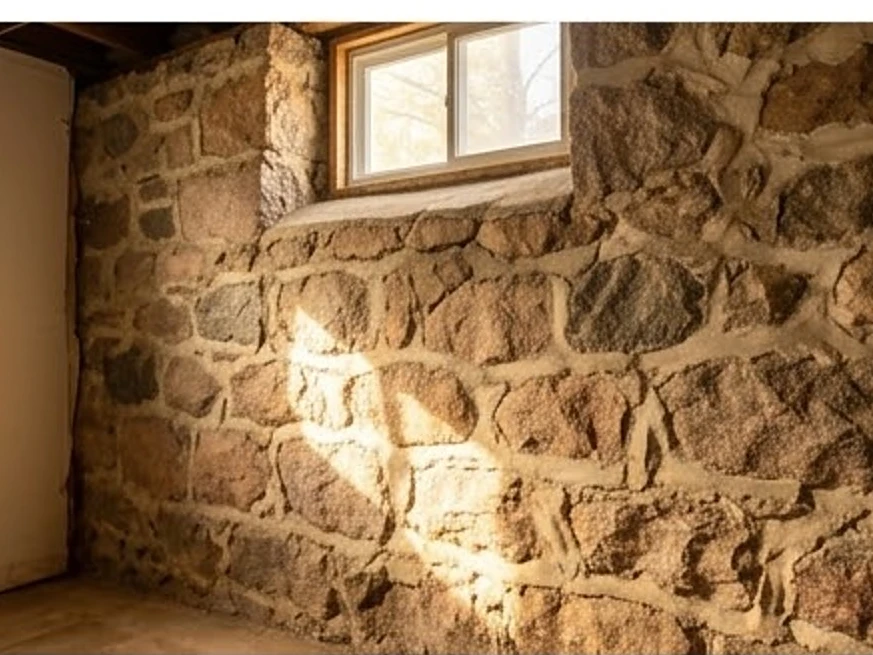 Fieldstone foundation in an old basement, summer light: foundation inspection in Minnesota and Iowa