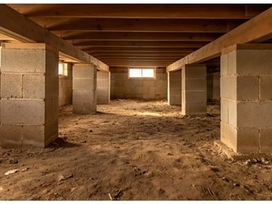 Crawlspace with block piers, summer light: foundation inspection in Minnesota and Iowa