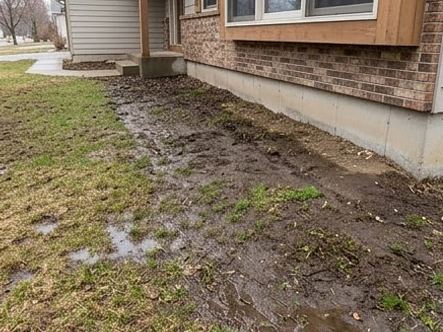 Soil sloping toward a house foundation, spring: foundation inspection in Golden Valley, MN