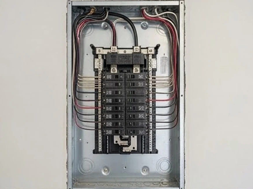 Open electrical panel with breakers (no labels), newer Minnesota home: full home inspection in Minnesota and Iowa