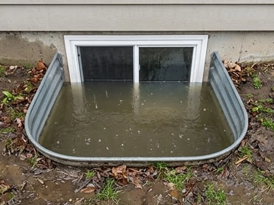 Window well filled with water, spring: foundation inspection in Saint Paul, MN