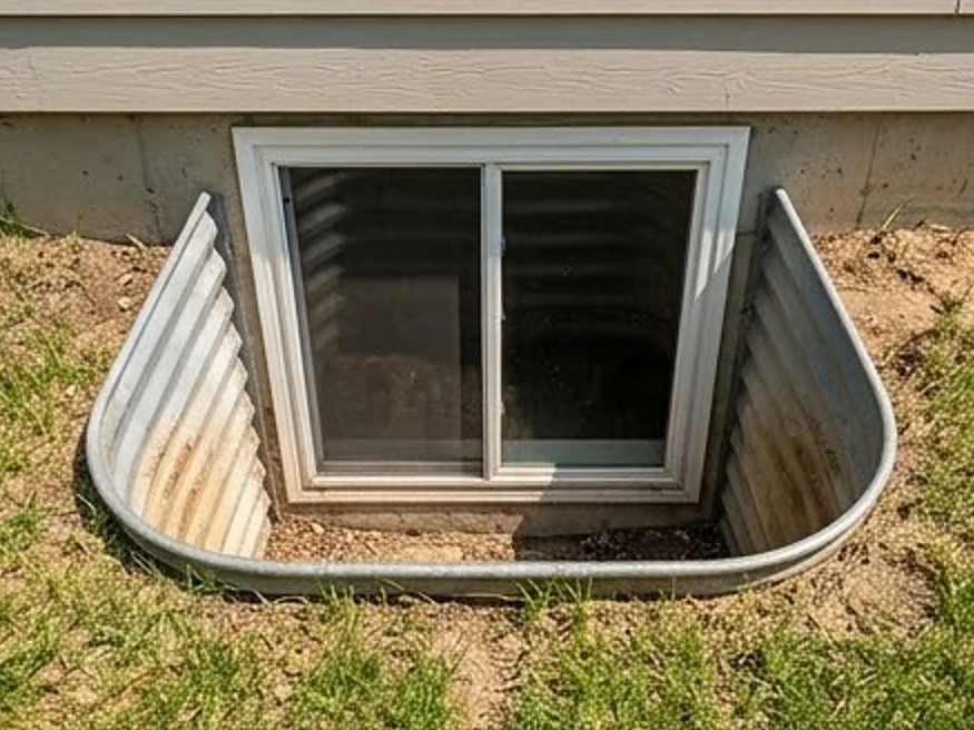 Window well filled with water, summer: foundation inspection in Golden Valley, MN