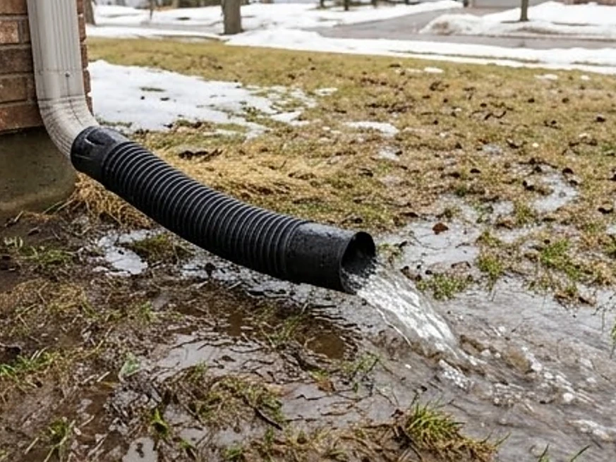 Downspout extension carrying water away, spring: foundation inspection in Delano, MN