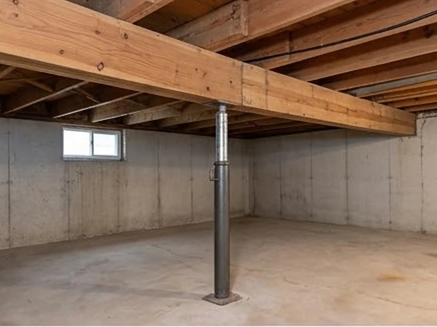 Sagging basement beam with an adjustable steel post, older Iowa farmhouse: foundation inspection in Saint Paul, MN