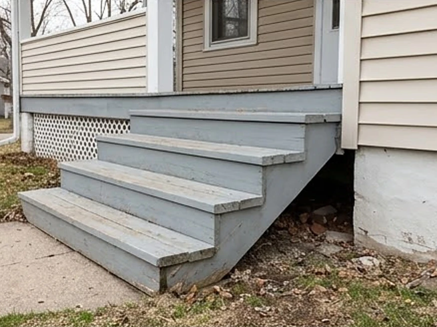 Settled porch steps pulling from the house, older Minnesota home: foundation inspection in Lakeville, MN