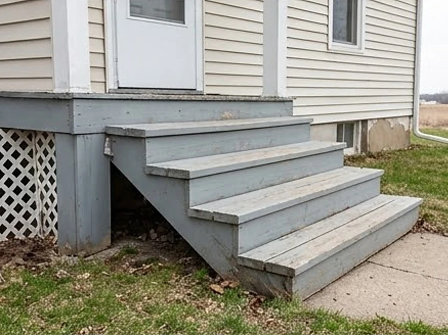 Settled porch steps pulling from the house, older Iowa farmhouse: foundation inspection in Buffalo, MN