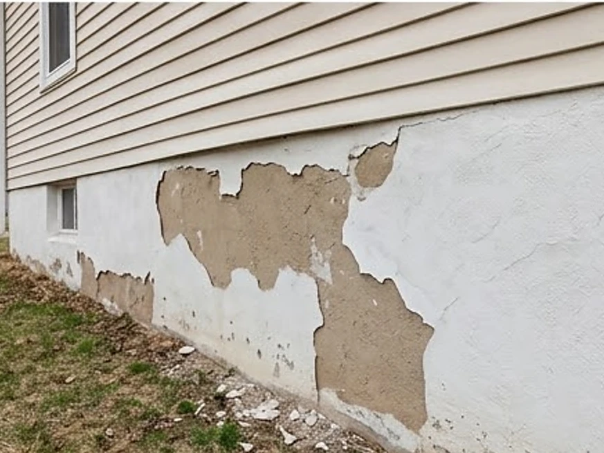 Exterior foundation parging peeling, older Minnesota home: foundation inspection in Buffalo, MN