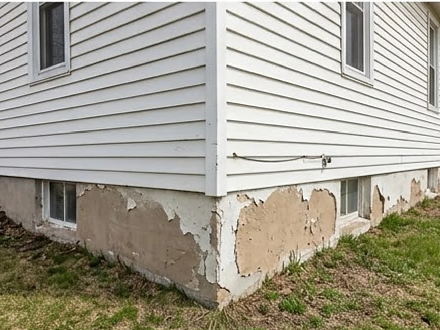Exterior foundation parging peeling, older Iowa farmhouse: foundation inspection in Golden Valley, MN