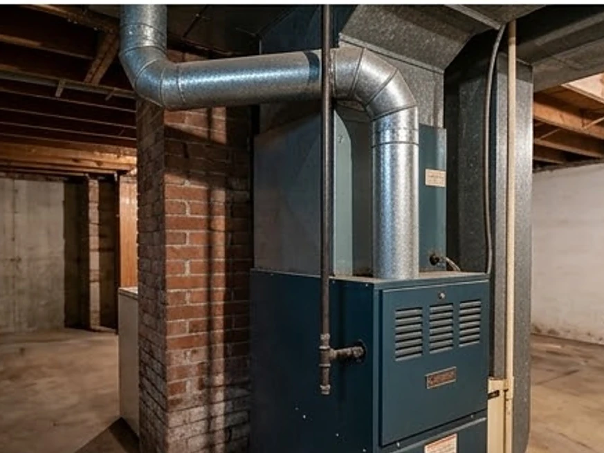 High-efficiency gas furnace with white PVC vent pipes, older home: hvac inspection in Spring Lake Park, MN