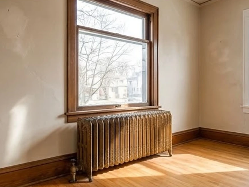 Cast iron radiator under a window, older home: hvac inspection in Edina, MN