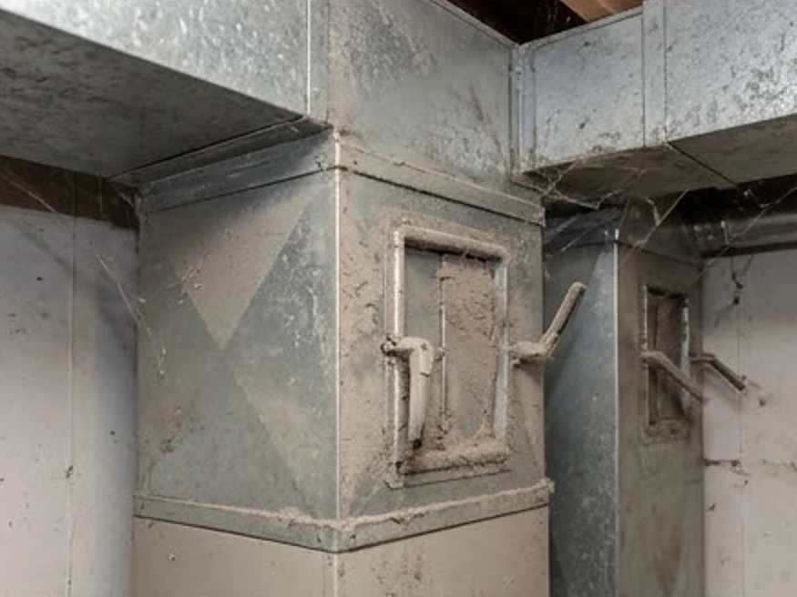 Ductwork with dampers in a basement, dusty: hvac inspection in Saint Paul, MN