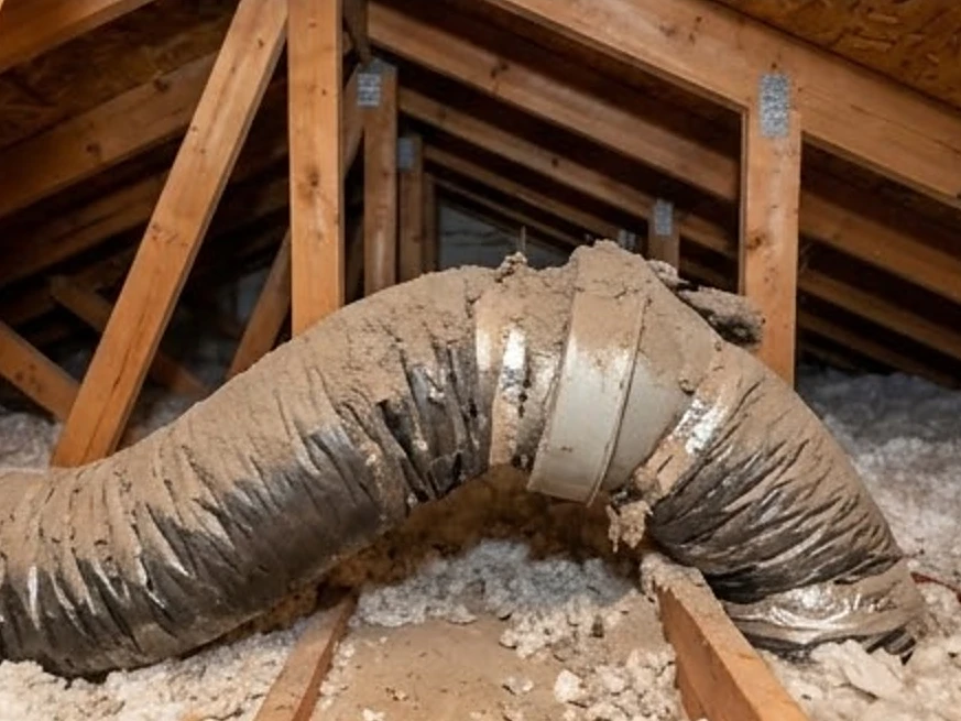 Bathroom exhaust fan duct in an attic, dusty: hvac inspection in Fort Dodge, IA