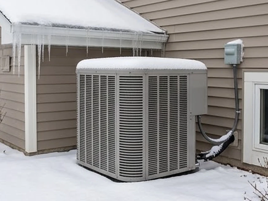 Heat pump outside in snow, winter: hvac inspection in Fort Dodge, IA