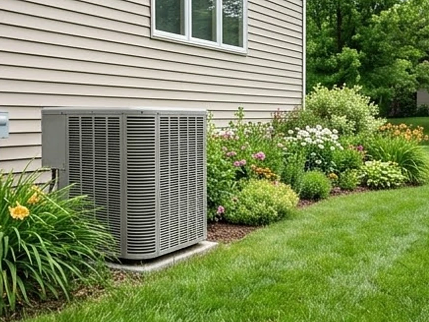 Heat pump outside in snow, summer: hvac inspection in Maple Grove, MN