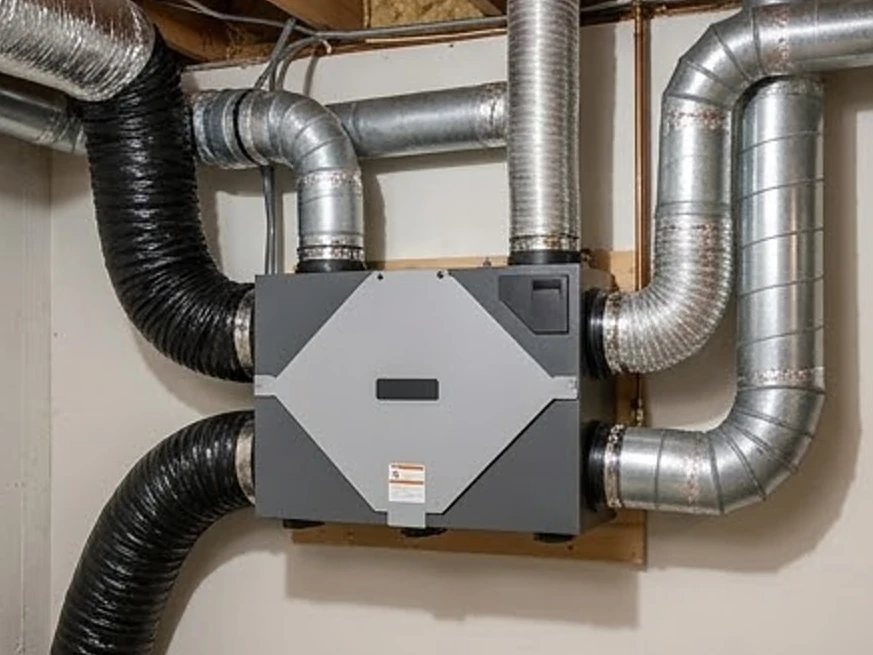 Air exchanger (HRV) in a basement, winter: hvac inspection in Maple Grove, MN