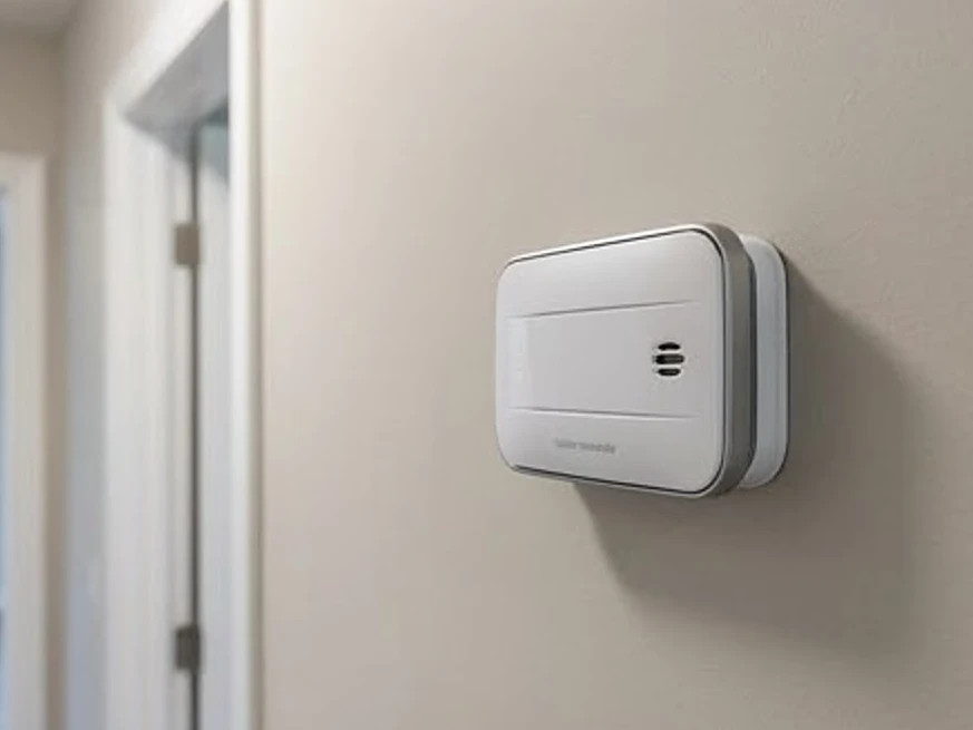Carbon monoxide detector on a wall (no screen text), newer home: hvac inspection in Blaine, MN