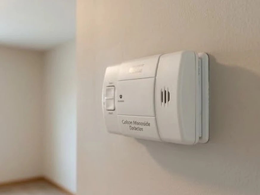 Carbon monoxide detector on a wall (no screen text), older home: hvac inspection in Minnesota and Iowa