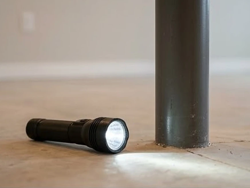 Flashlight on a basement floor by a steel support post, newer basement or home: residential inspection in Lake City, MN
