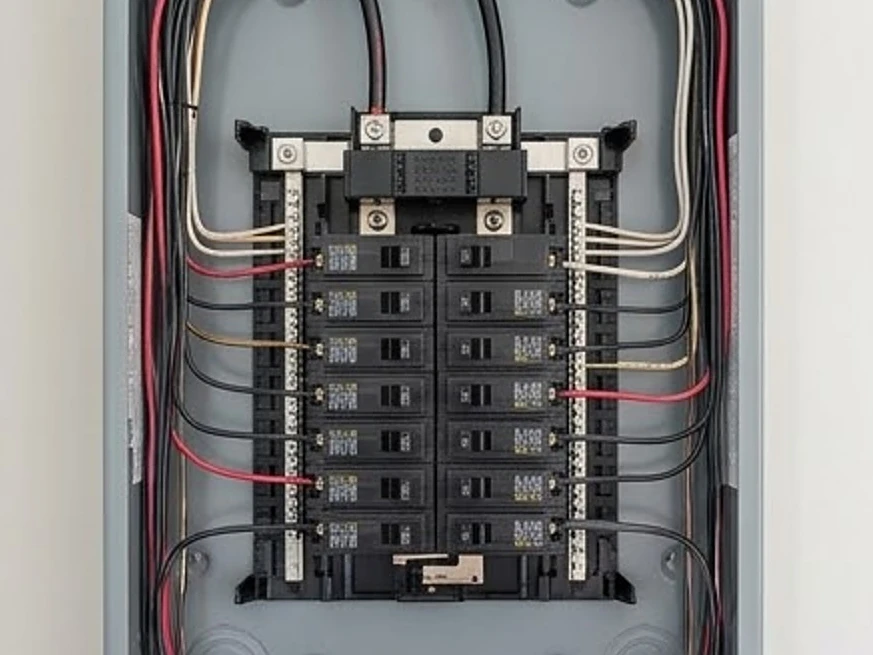 Modern breaker panel cover closed, newer home: electrical inspection in Maplewood, MN