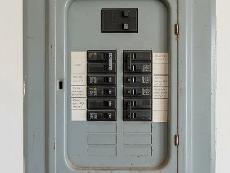 Modern breaker panel cover closed, older home: electrical inspection in St. Cloud, MN