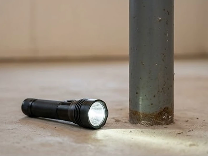 Flashlight on a basement floor by a steel support post, older basement or home: residential inspection in Chanhassen, MN