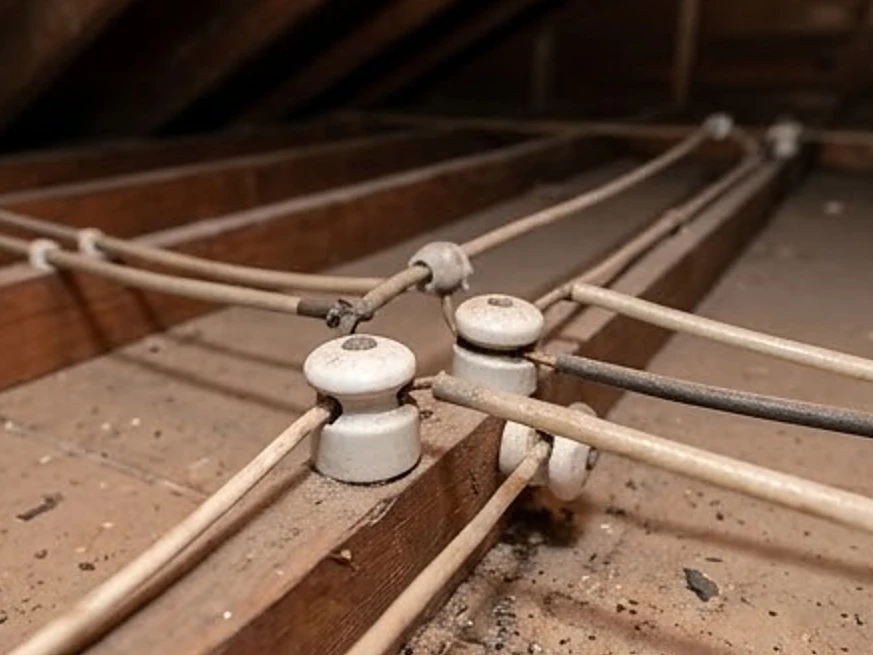 Knob-and-tube wiring in an old attic, close-up: electrical inspection in Cottage Grove, MN