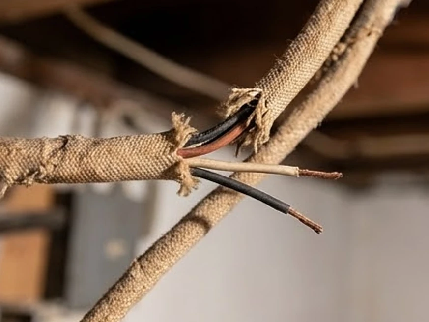 Cloth-covered old wiring in a basement, close-up: electrical inspection in Minnesota and Iowa
