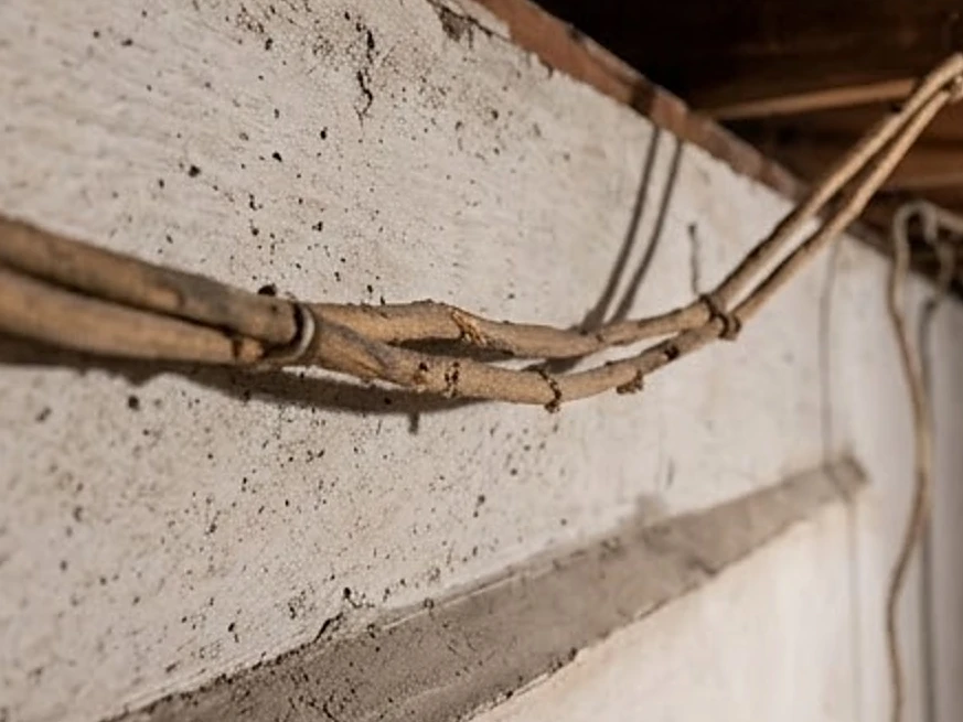 Cloth-covered old wiring in a basement, wider view: electrical inspection in Moorhead, MN
