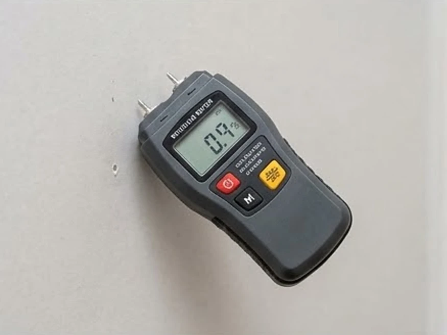 Moisture meter resting on drywall, newer basement or home: residential inspection in Saint Paul, MN